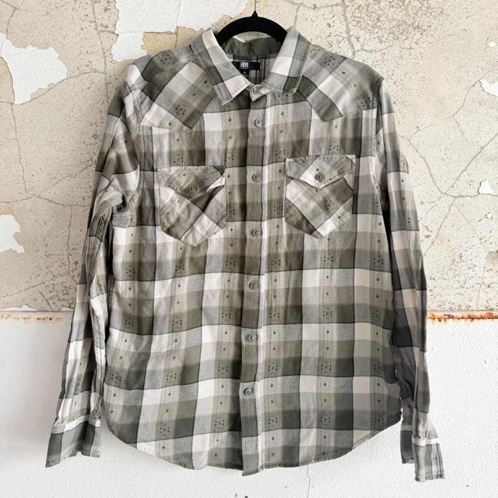 Frye Plaid Shirt Western Cotton Button Down Top Diamond Embroidered‎ Womens M
